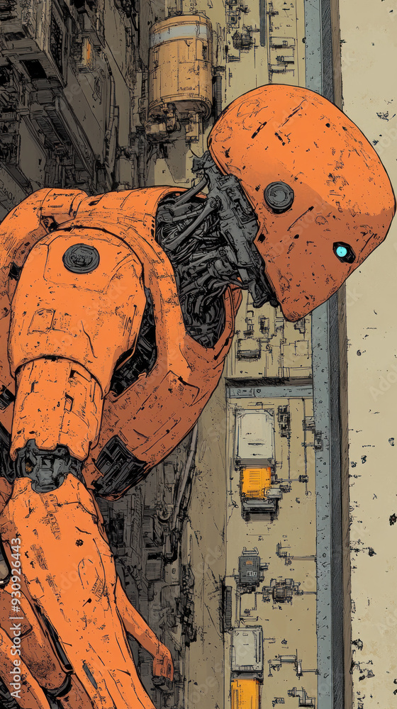 Poster a robot with a blue face stands in front of a building. the robot is orange and has a metallic appea