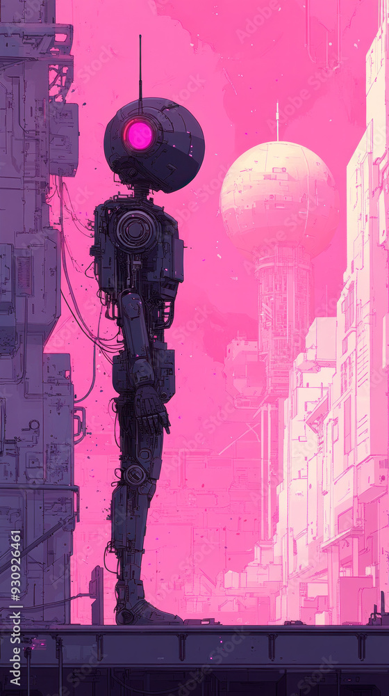 Aufkleber a robot stands in front of a building with a pink sky in the background. the robot is wearing a pink