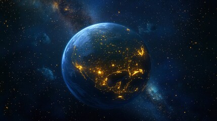 Fototapeta premium Nightly Earth planet in outer space. City lights on planet. Life of people. Solar system element. Elements of this image furnished , ai
