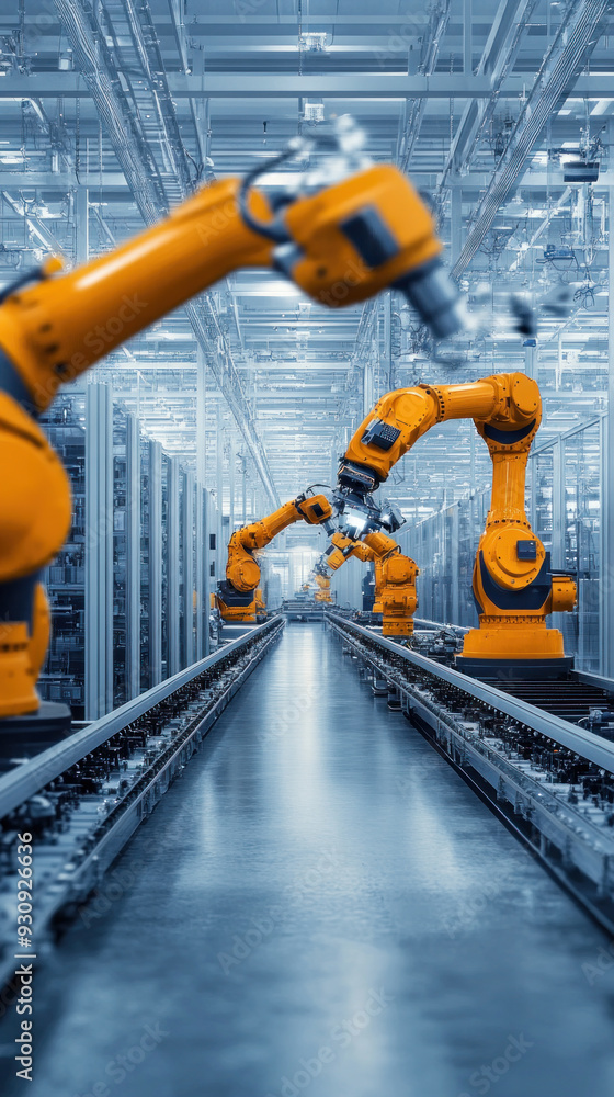 Poster a factory with robots in the middle of the room. the robots are orange and are in motion