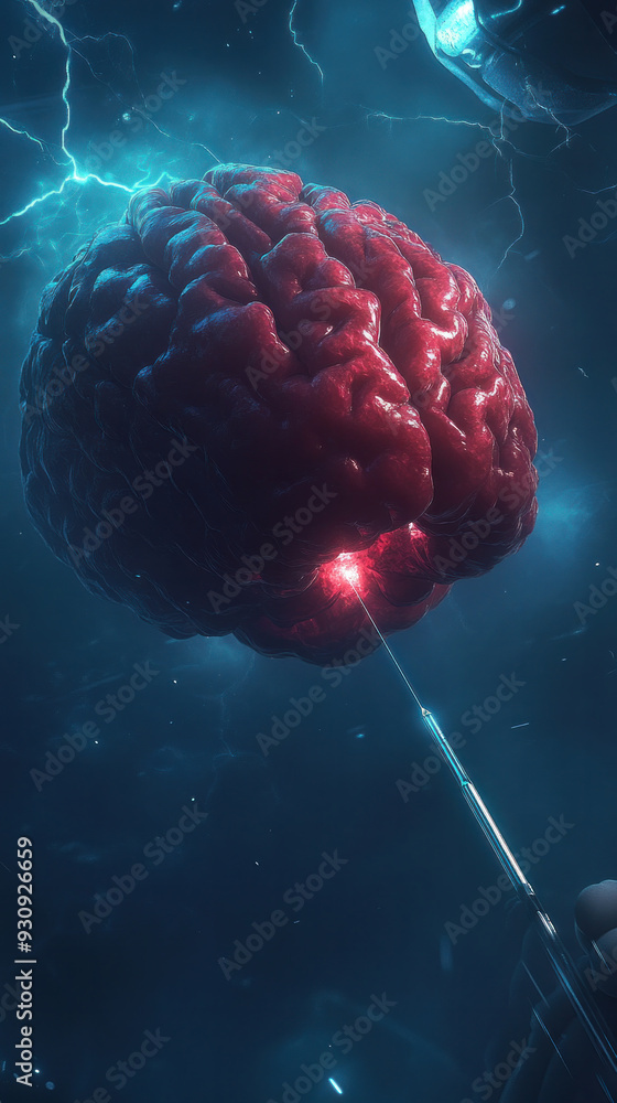 Poster a red brain with a light shining on it. the brain is surrounded by a blue background. scene is myste