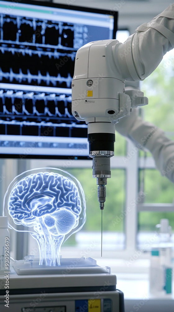 Poster a robot is working on a brain model