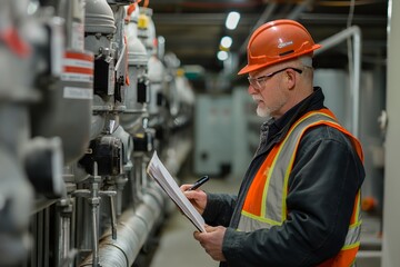 A worker in an industrial setting, wearing safety gear, checks a clipboard while inspecting a line of machinery.