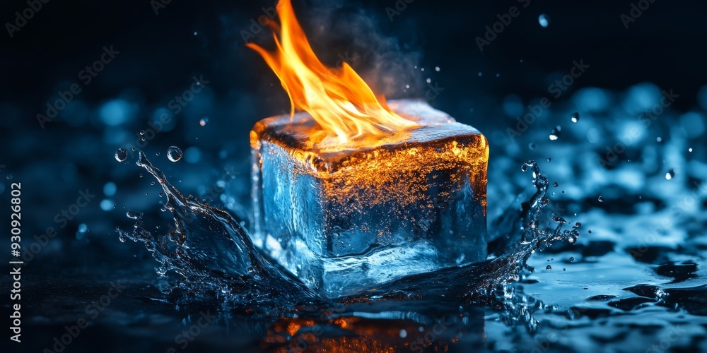 Poster an incredibly captivating image captures a single ice cube that is dramatically encircled by vibrant