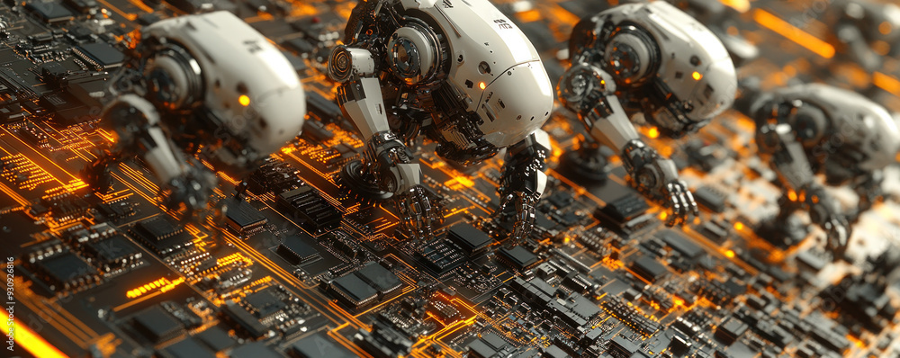Poster three robots are working on a circuit board. the robots are orange and white