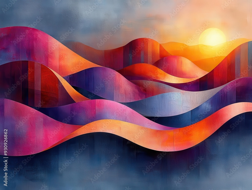 Wall mural abstract digital landscape of geometric shapes and flowing lines vibrant colors creating sense of mo