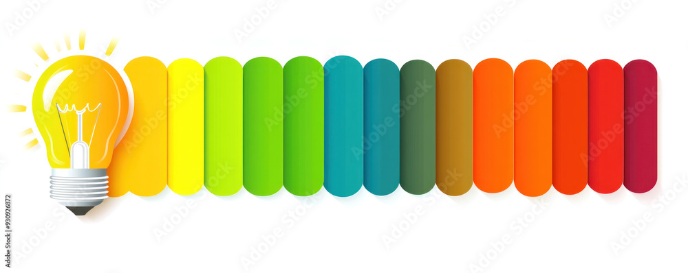 Poster a light bulb is lit up in a row of colorful rectangles. the light bulb is surrounded by a rainbow of