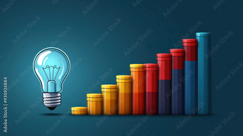 Poster a light bulb is shown next to a series of colored cylinders, which represent a graph of growth. conc