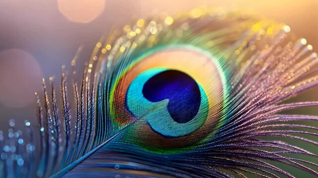 Sacred beautiful peacock feather as symbol of Hindu god Lord Krishna on sunset. Krishna Janmashtami, Govardhan Puja. Indian culture and religious concept
