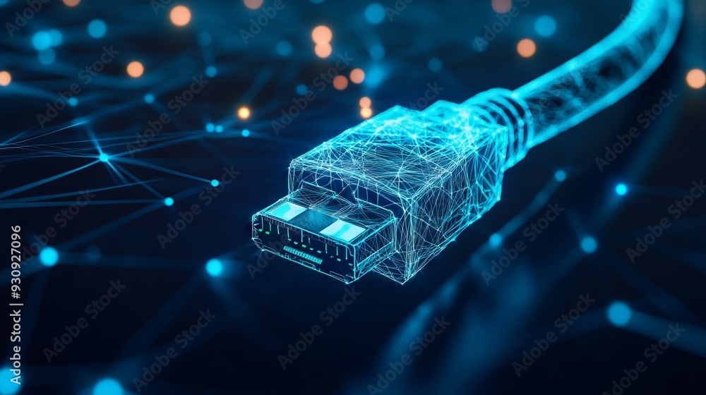 Poster abstract image of a ethernet cable with dark blue background. low poly wireframe with lines, dots an