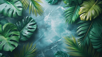 White marble podium display product with palm leaves on white background