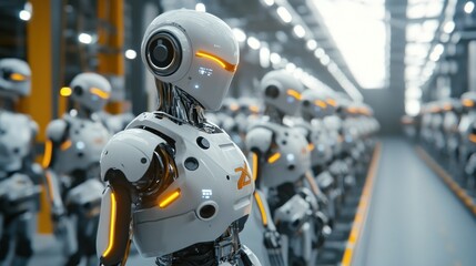 Fototapeta premium A Line of Robots in a Futuristic Factory