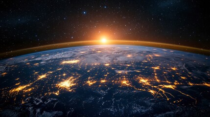 Obraz premium Nightly Earth planet in outer space. City lights on planet. Life of people. Solar system element. Elements of this image furnished , ai