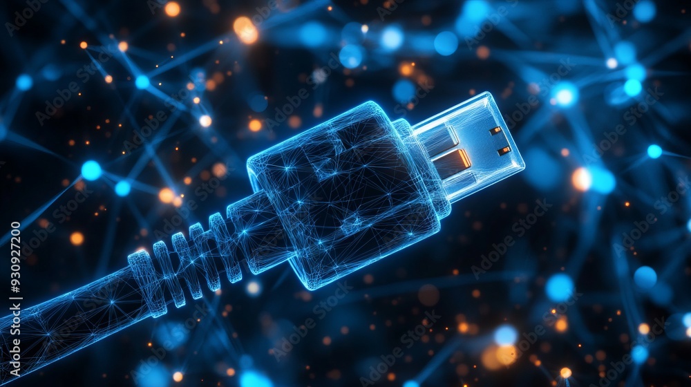 Poster abstract image of a ethernet cable with dark blue background. low poly wireframe with lines, dots an