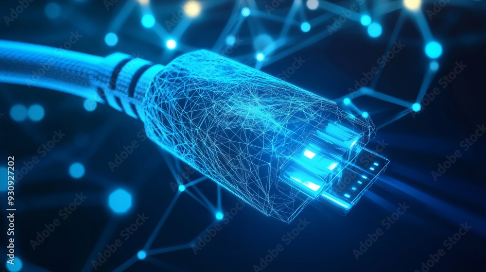 Aufkleber abstract image of a ethernet cable with dark blue background. low poly wireframe with lines, dots an