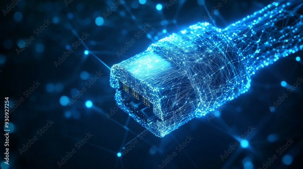 Poster abstract image of a ethernet cable with dark blue background. low poly wireframe with lines, dots an