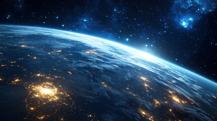 Obraz premium Nightly Earth planet in outer space. City lights on planet. Life of people. Solar system element. Elements of this image furnished , ai