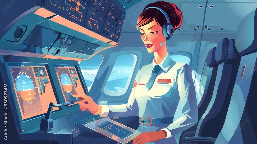 Poster The flight attendant focuses intently on the cockpit controls while ensuring passenger safety during a mid-flight operation. Generative AI