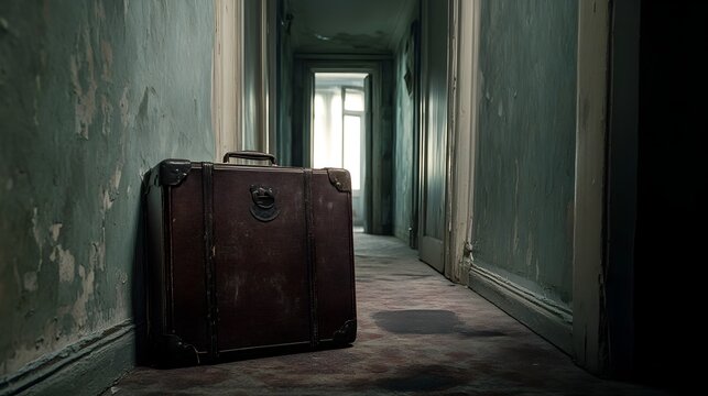Abandoned Suitcase Creates Mysterious Atmosphere in Empty Hallway