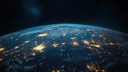 Obraz premium Nightly Earth planet in outer space. City lights on planet. Life of people. Solar system element. Elements of this image furnished , ai