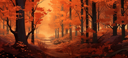 Digital painting of autumn forest with trees in deep orange and red leaves, winding path leading through the woods, sunlight filtering through branches creating dappled light on ground fallen leaves