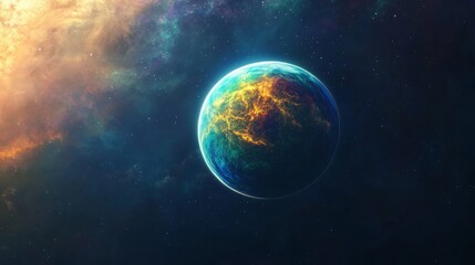 Obraz premium A gas giant planet with colorful aurora borealis surrounding its poles, faint swirling clouds, and a deep space backdrop. The scene is colorful and glowing, enhanced by dynamic lighting effects.