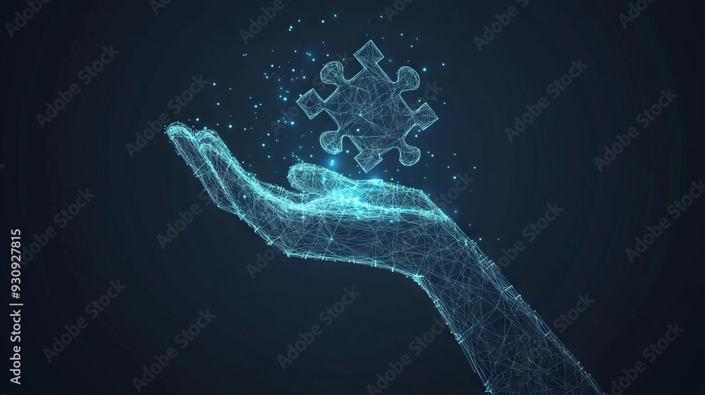 Poster abstract image of a hand holding puzzle. vector business wireframe concept. with dark blue backgroun