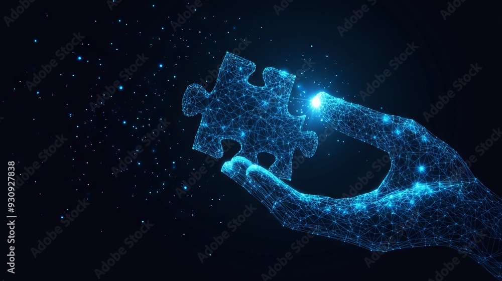 Poster abstract image of a hand holding puzzle. vector business wireframe concept. with dark blue backgroun