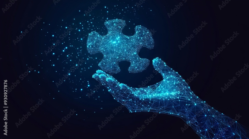 Poster Abstract image of a hand holding puzzle. Vector business wireframe concept. With dark blue background. Low poly wireframe with lines, dots and glowing particles 