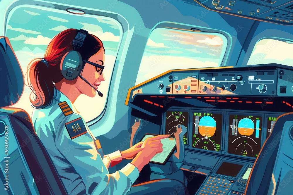 Poster A flight attendant checks equipment in the cockpit while preparing for takeoff, ensuring a safe and efficient flight experience for passengers. Generative AI