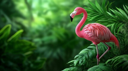 Fototapeta premium A 3D flamingo standing on one leg with a soft minimal plant and trees background