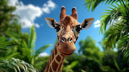 Fototapeta premium A 3D giraffe with its long neck and a soft minimal plant and trees background