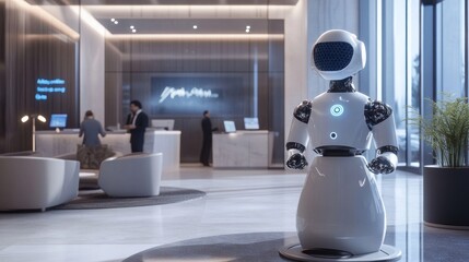 Robot Receptionist in Modern Office Lobby