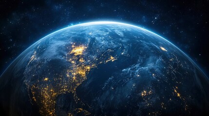 Obraz premium Nightly Earth planet in outer space. City lights on planet. Life of people. Solar system element. Elements of this image furnished , ai