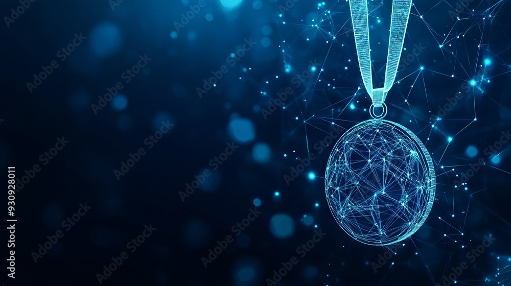 Aufkleber abstract image of a medal. with dark blue background. low poly wireframe with lines, dots and glowin