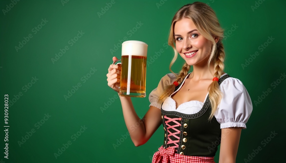 Wall mural Beautiful waitress smiling beer mug drindl dress oktoberfest festival green background