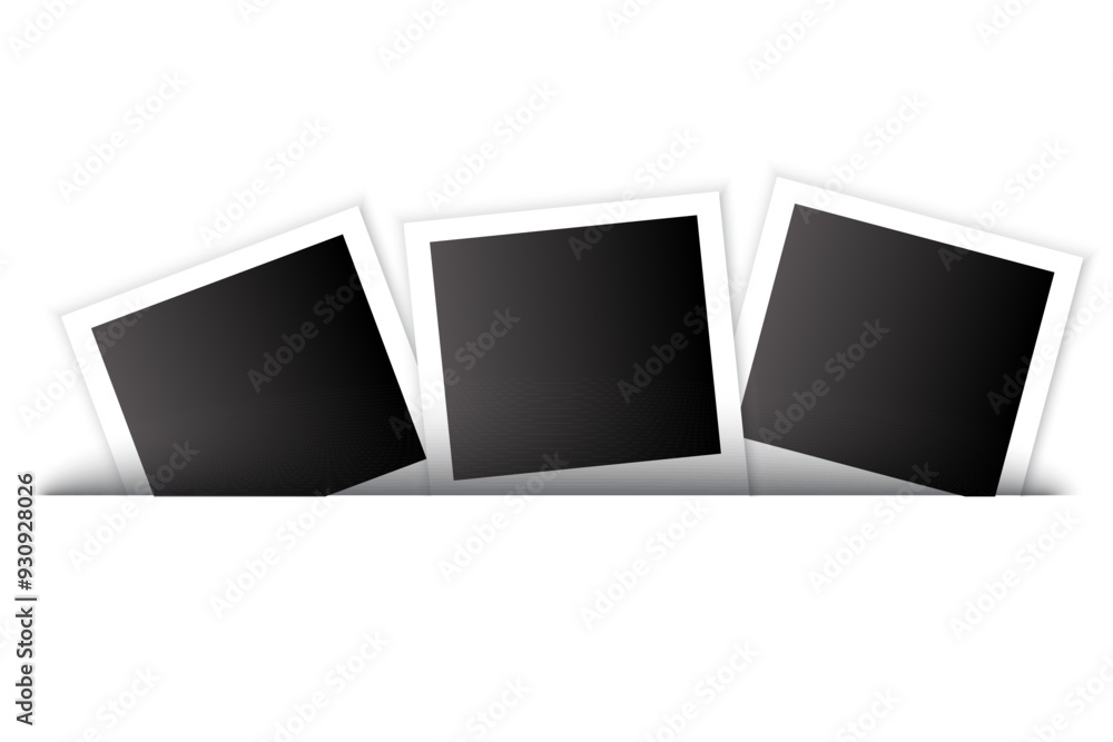 Poster three black photo frames. tilted overlapping arrangement. simple black and white style. clean vector