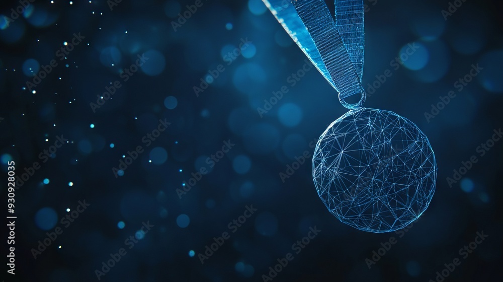 Aufkleber abstract image of a medal. with dark blue background. low poly wireframe with lines, dots and glowin