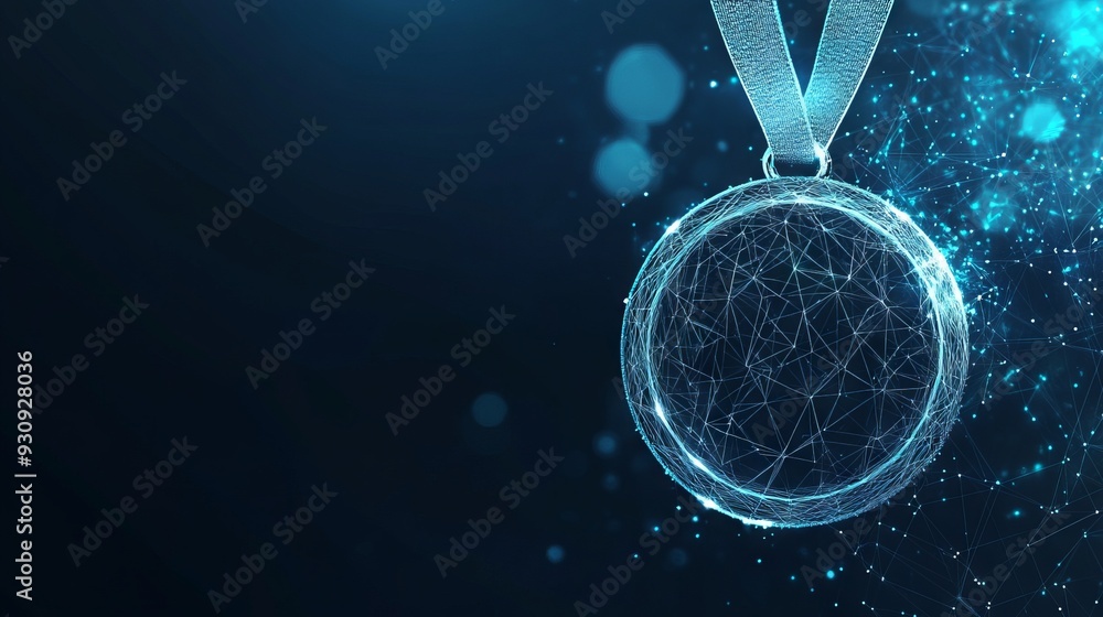 Poster abstract image of a medal. with dark blue background. low poly wireframe with lines, dots and glowin