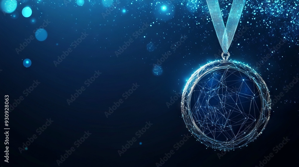 Aufkleber abstract image of a medal. with dark blue background. low poly wireframe with lines, dots and glowin