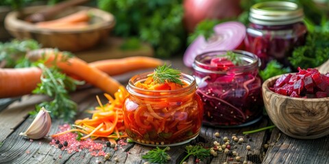 Fototapeta premium Spicy homemade beet carrot onion and garlic caviar in jars and bowl with fresh ingredients on wooden table