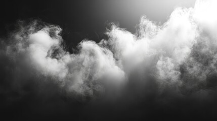 Obraz premium Panoramic view of the abstract fog. White cloudiness, mist or smog moves on black background. Beautiful swirling gray smoke. Mockup for your logo. Wide angle horizontal wallpaper or web banner, ai
