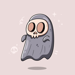 Cute Ghost Wearing Skull Mask Vector Illustration 