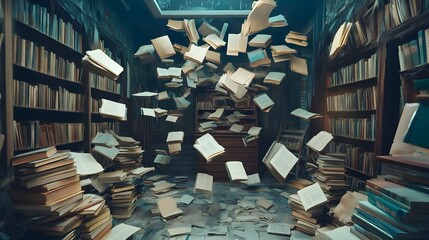 Fototapeta premium Gravity Defying Room with Floating Books and Papers Representing a Dreamlike State