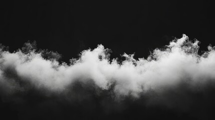 Fototapeta premium Panoramic view of the abstract fog. White cloudiness, mist or smog moves on black background. Beautiful swirling gray smoke. Mockup for your logo. Wide angle horizontal wallpaper or web banner, ai