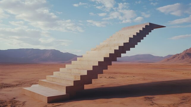Floating Staircase in Surreal Desert Landscape Symbolizing Dreamlike Illusion