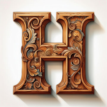 Symbol of letter H, Carved wooden texture isolated on white background