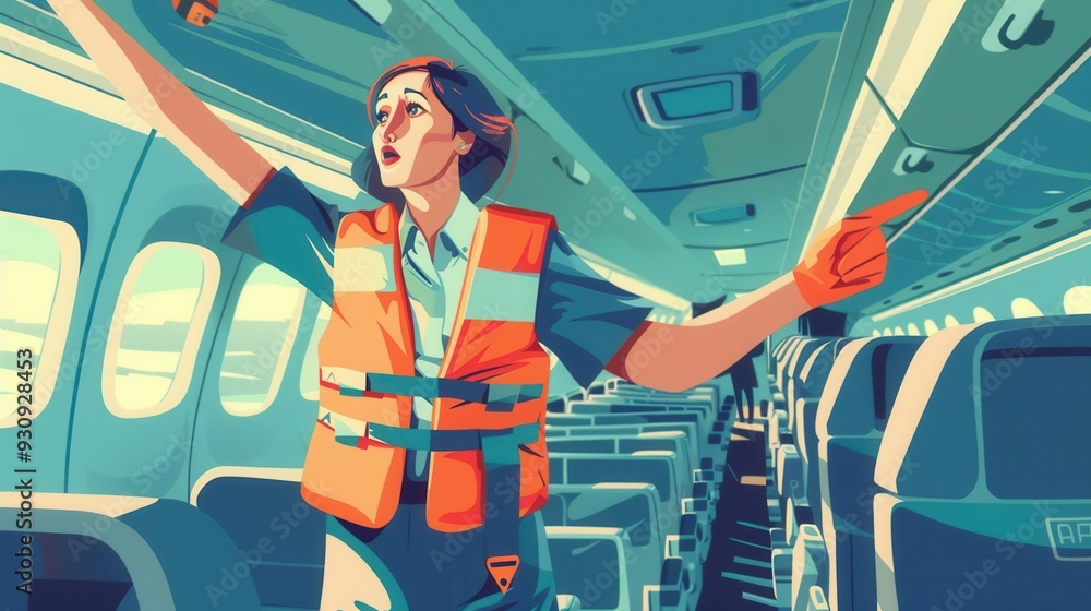Fototapete the flight attendant passionately explains safety protocols to passengers while preparing for takeof