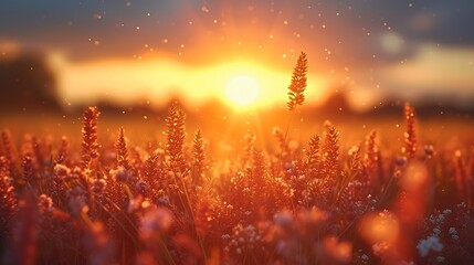 A vibrant sunset casts a warm glow over a field of wildflowers, creating a stunning natural landscape.