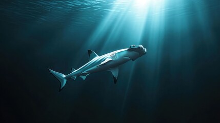 Fototapeta premium Hammerhead Shark Swimming in Sunbeams
